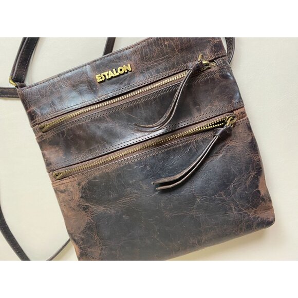 Estalon Brown Leather Crossbody Bag Zip Adjustable Strap OS 9"X 9" Boho Rustic - Picture 8 of 16